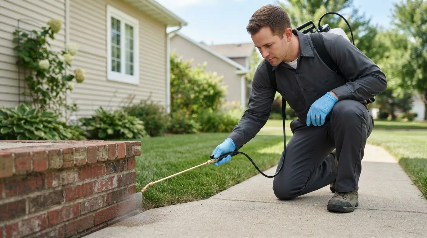 Pest control technician treating a home near Lemitar, NM